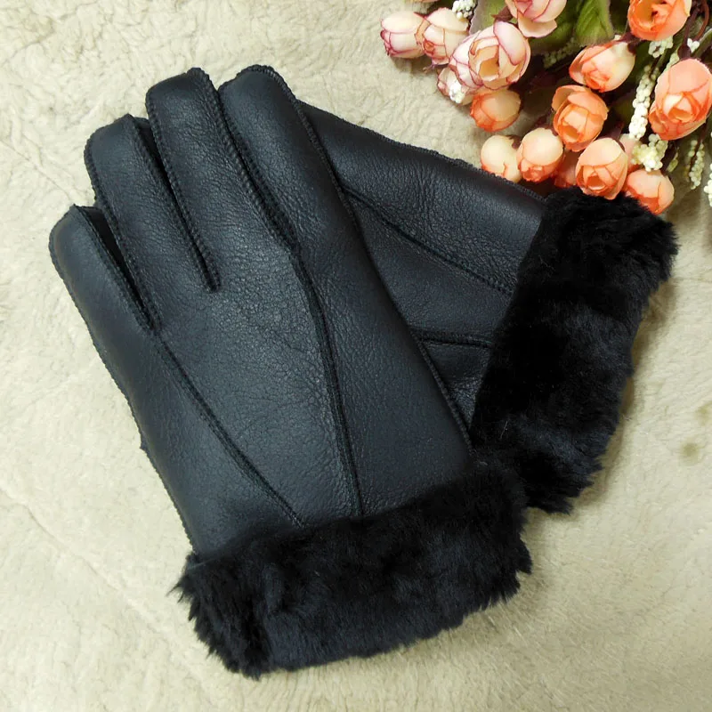 Лидер продаж, мужские зимние перчатки, сохраняющие тепло, кожаные перчатки из натуральной овечьей кожи, кожаные перчатки для мужчин, Зимние перчатки для мужчин - Цвет: black