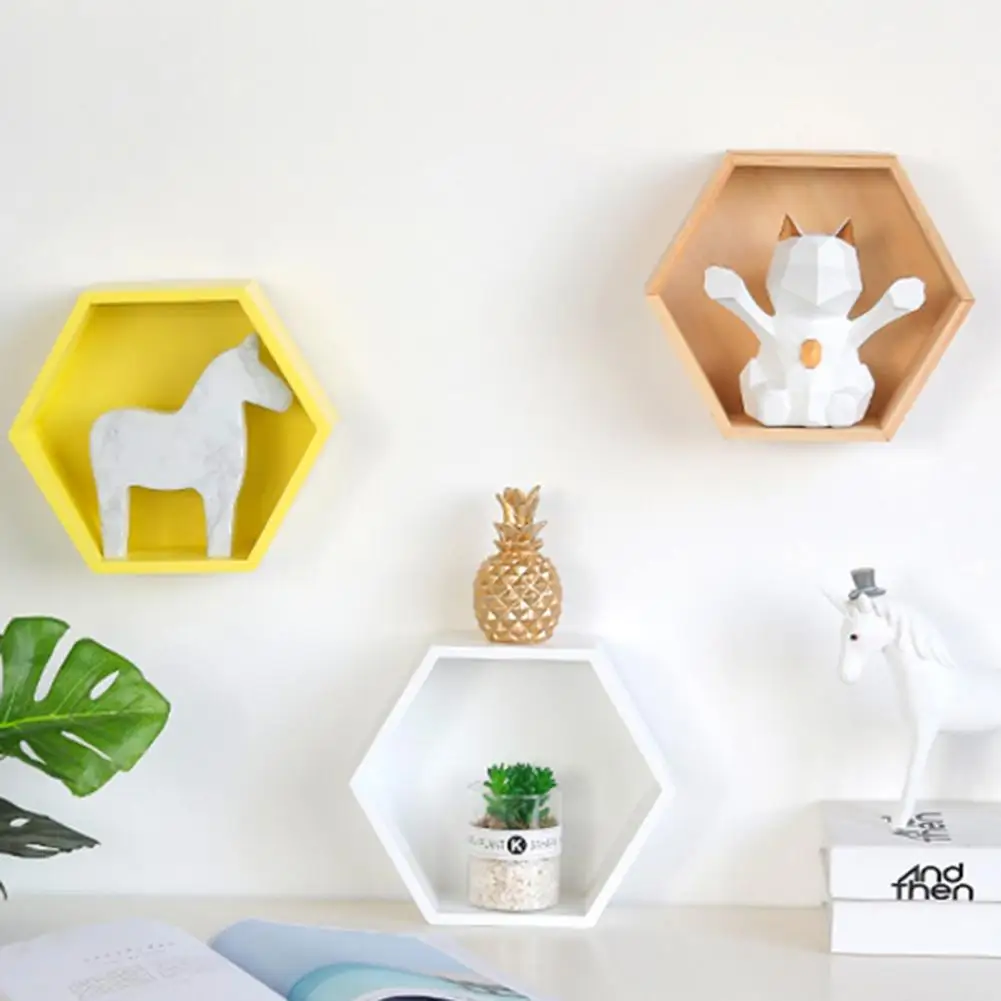 

Nordic Style Home Office Decor Wall Mount Wood Hexagonal Frame Books Toy Storage Shelf Rack Holder For Home Kids Bedroom Decor