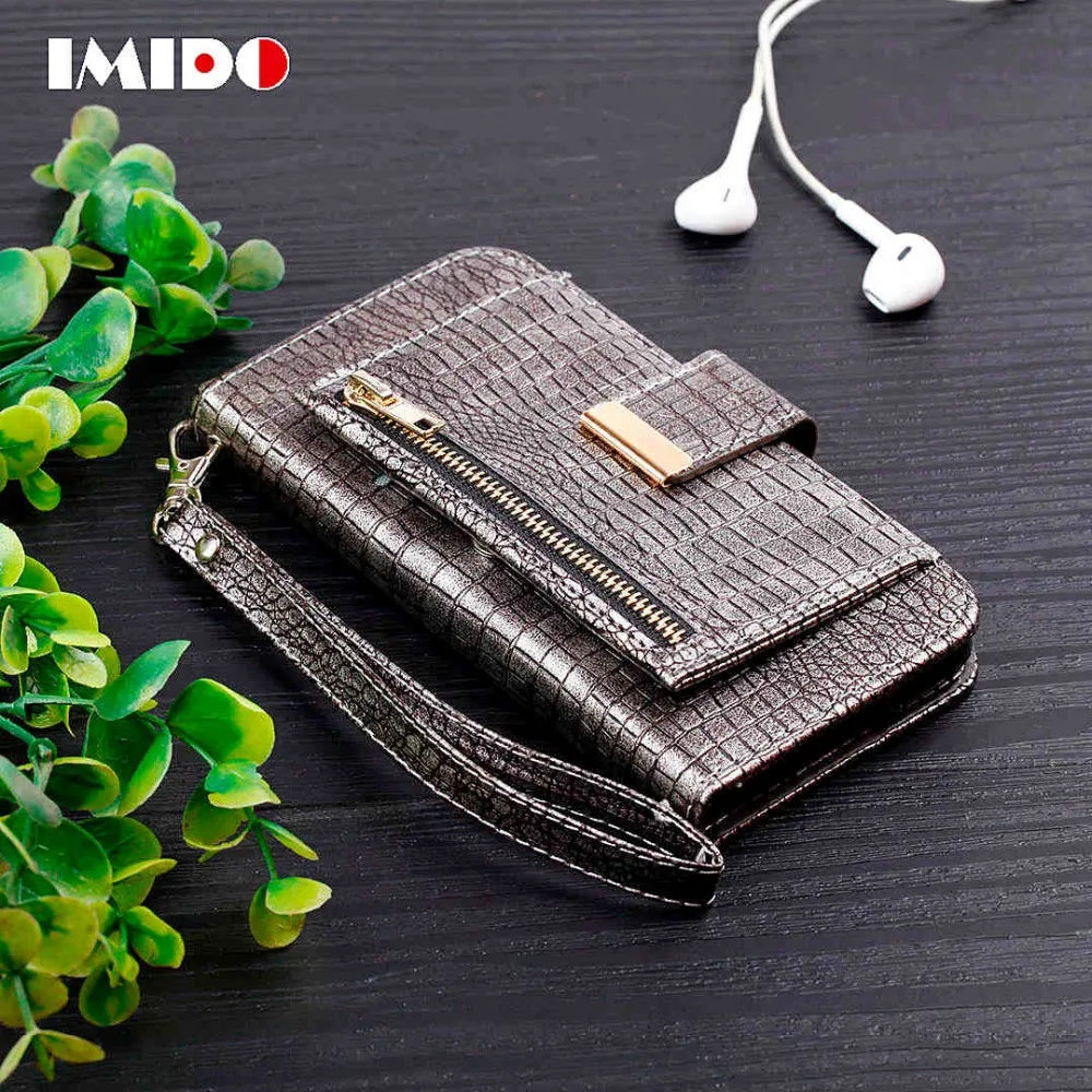 

IMIDO Flip Leather Phone Case For iPhone X XS 8 7 6 6S Plus Crocodile Skin Wallet Card Stand Holder Back Cover For iPhone 7 Capa