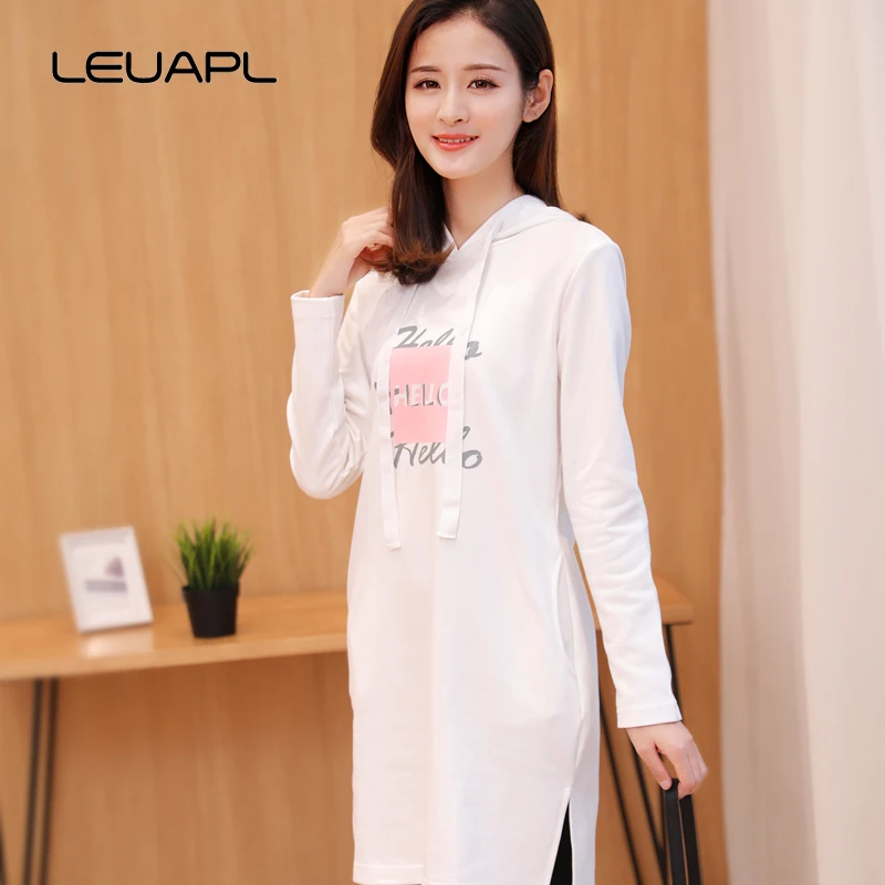 

100% pure cotton autumn winter women print letter Hoodie tops long sleeve Hooded loose clothing female Hat Fork one piece Dress