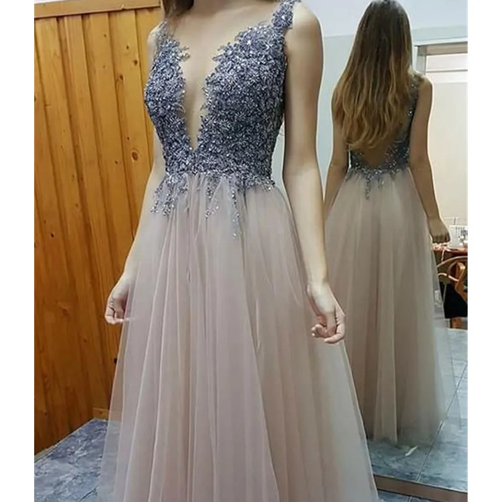 

High Quality Sliver Lace Long Evening Dress 2019 Backless A Line Floor Length Custom Made Prom Gowns Cheap Wedding Party Dresses