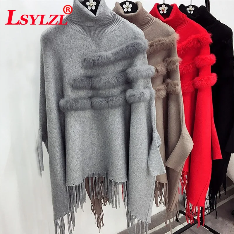 

New Fashion Autumn And Winter Women High Collar Real Rabbit Fur Cloak Pullover Lady Bat Sleeves Tassel Poncho Sweater B264