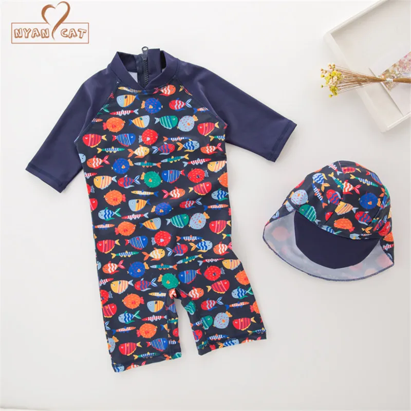 

Nyan Cat summer baby boy swimwear+hat 2pcs set fishes animals swimming suit infant toddler kids children spa beach bathing