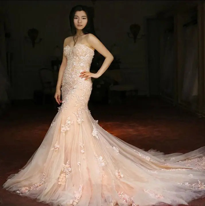 

Real Sample Custom Made Sweetheart Elegant Sleeveless Applique Flowers Vintage Wedding Dress Mermaid Wedding Dress 2015