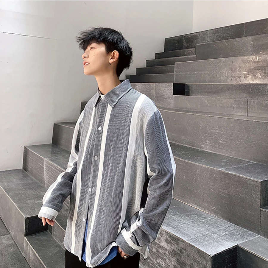 Мужская рубашка с длинными рукавами, обычная посадка в Корейскую полоску, летние винтажные Новые поступления рубашки для мужчин, негабаритная Повседневная Свободная блуза для мужчин