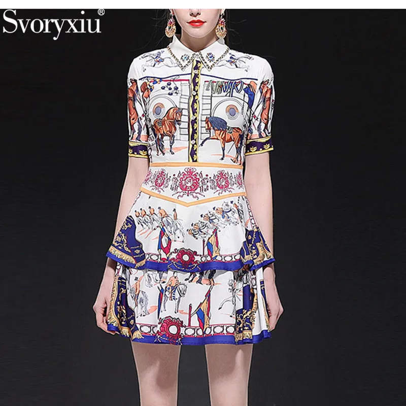 

Svoryxiu 2019 New Runway Summer Vintage Printed Dress Women's Short Sleeve luxury Diamond Ruffles Cake Mini Dresses Vestdios