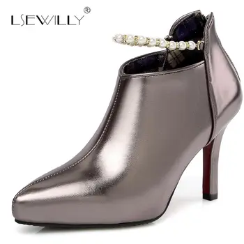 

Lsewilly Ankle Boots for Women Shoes Pointed Toe Sexy Thin High Heels Back Zipper False pearls Ladies Boots Botas Mujer S678
