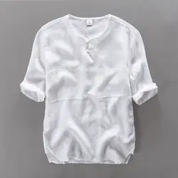 Новое поступление 2017 года короткий рукав свободные брендовая рубашка Для мужчин белье сплошной белые летние Для мужчин рубашки льняные
