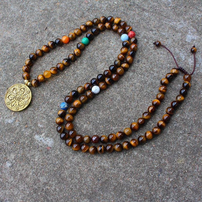 8mm Natural Beads, Eye Tigers, JapaMala, 8 Chakras Mala Beads, Lotus Necklace, 108 Beads Necklace