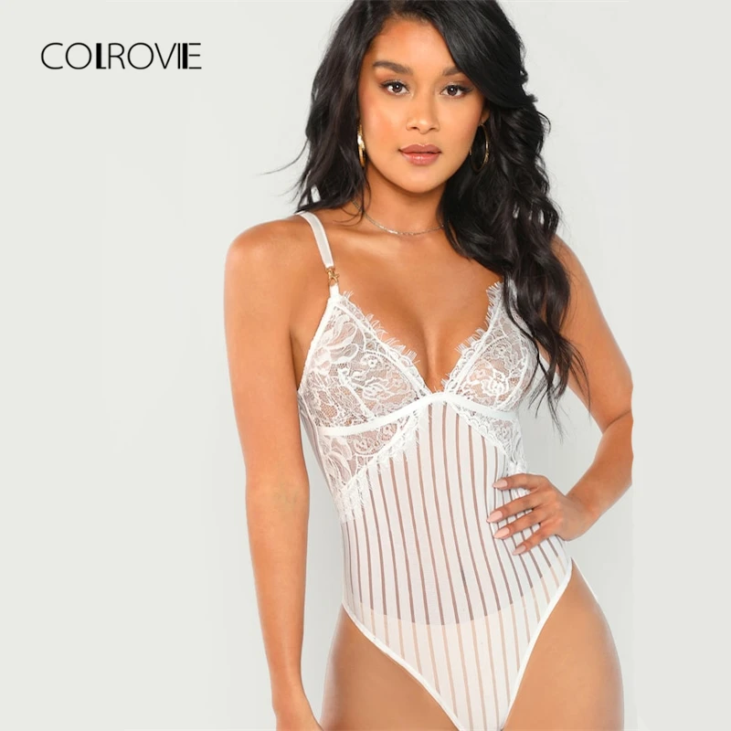 

COLROVIE White Solid Sleeveless Eyelash Sheer Skinny Cami Sexy Lace Bodysuit Women 2018 Autumn Fashion Basic Ladies Bodysuits