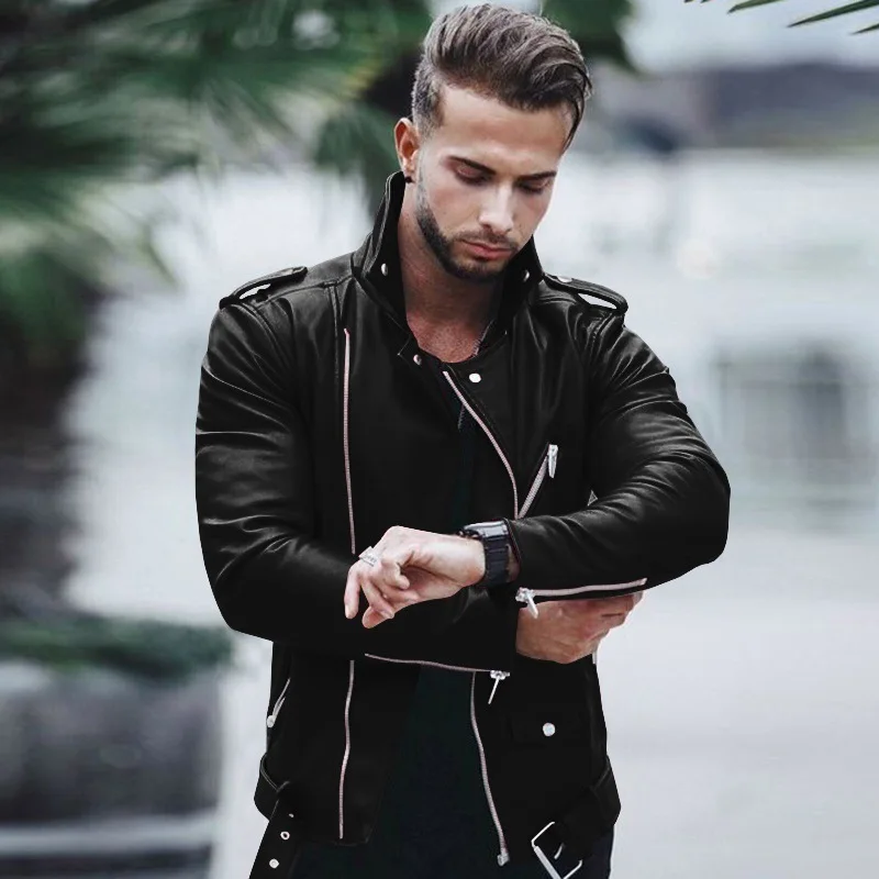

New Autumn Men's PU Leather Jacket Slim Fit Motorcycle Jacket Zipper Casual Leather Coat Male Fashion Outerwear Jackets ST0485