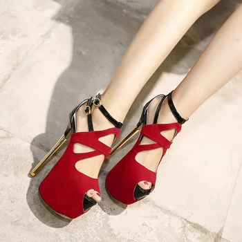 16cm High Heel Sandals Sexy Thin Heel Cross Strap Buckle Party Shoes Fashion 7cm Platform High Heels Black Sandals Red Shoes womens super high chunky heel bowknot ankle strap sandals shoes party evening shoes platform sandals size33 sandals plus size