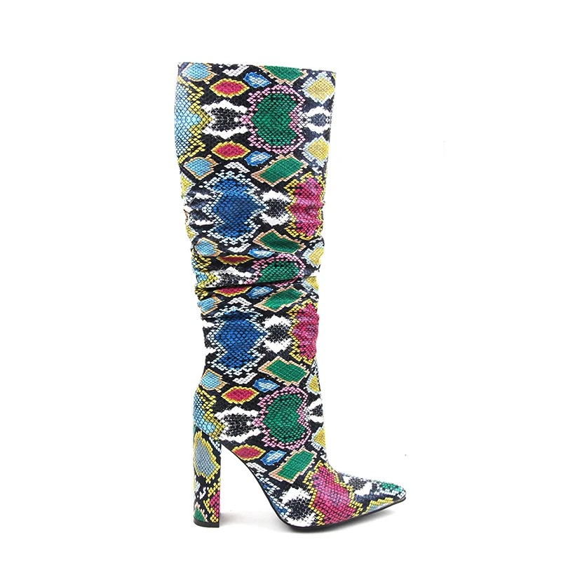 Perixir/красочная змея; кожаные ботинки; женские ботинки на Высоком толстом каблуке; обувь из змеиной кожи с острым носком на молнии; женские ботинки со складками; сезон зима