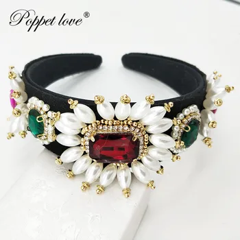 

Red Crystal Bride tiara Hand sewing Crown Fashion Pearl Queen Wedding Crown Headpiece Wedding Hair Jewelry Accessories Wholesale