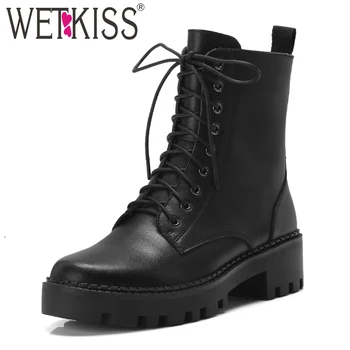 

WETKISS Winter Thick Heels Women Ankle Boots Round Toe Lace Up Footwear Cow Leather Female Army Boot Platform Shoes Woman 2018