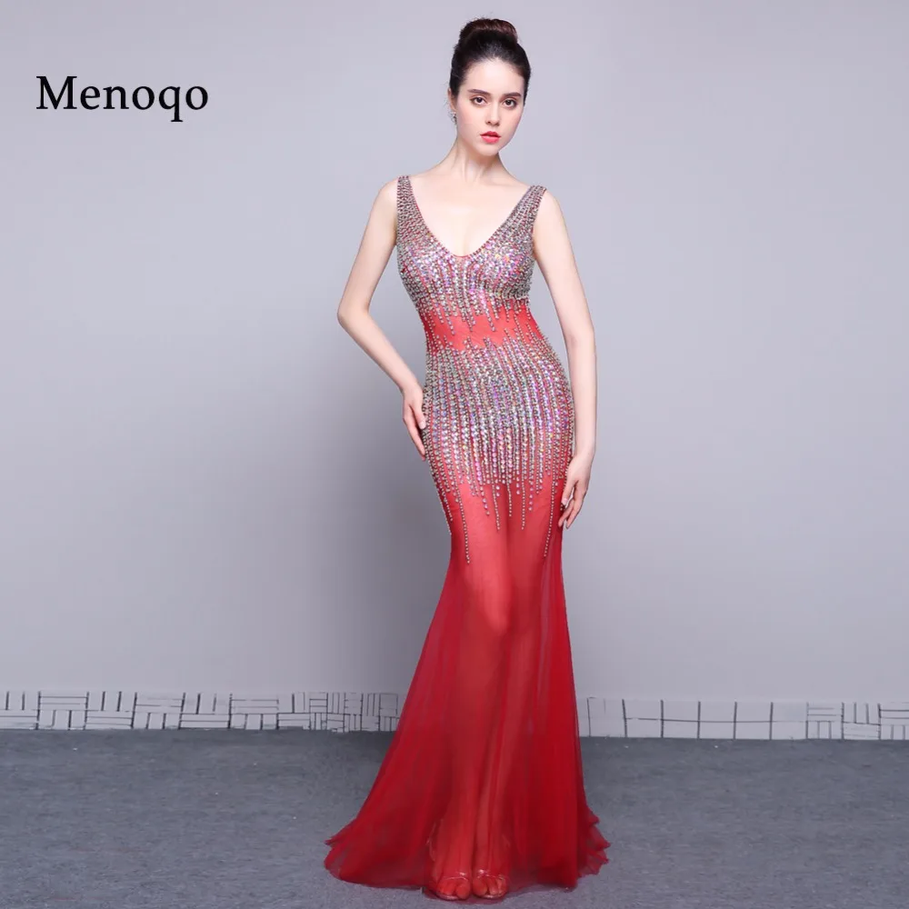 Red Mermaid Prom Dresses Actual Image Low Back V neck Beaded Tulle Sexy Women Formal Evening Dress Gowns Vestidos 2017 PRD02A017