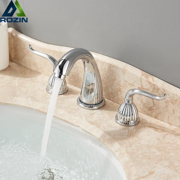 

Widespread Basin Faucet Deck Mounted Chrome Bathroom Mixer Crane Dual Handle 3 Hole Cold and Hot Washing Tap Gold Brushed Color
