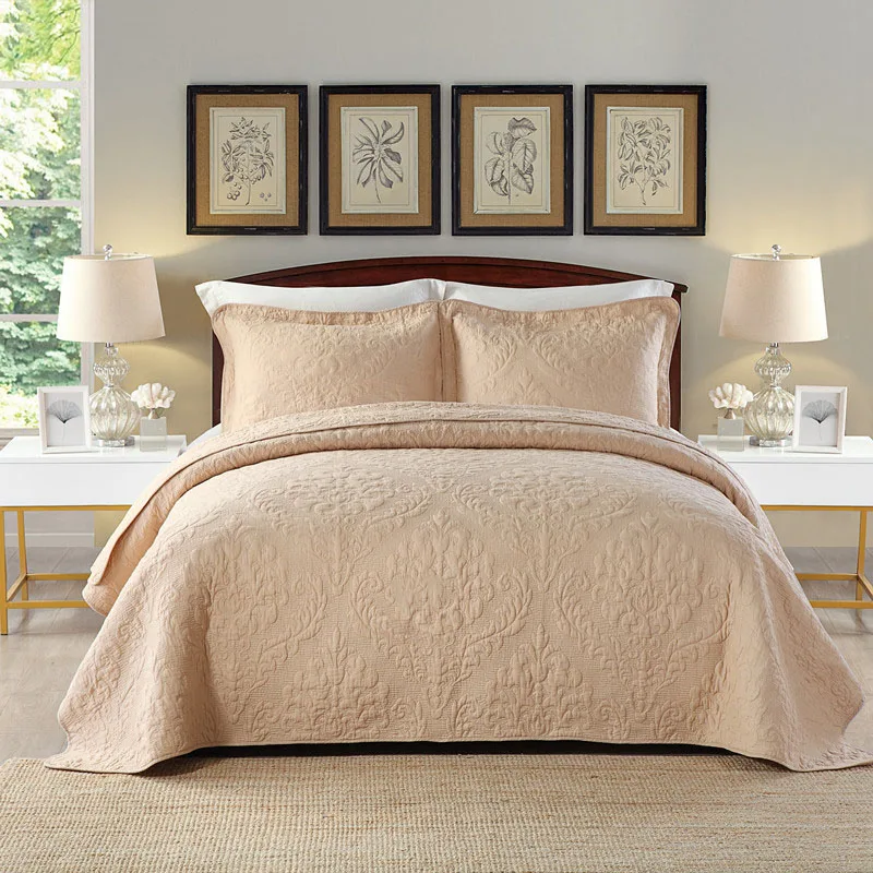 CHAUSUB Quality Khaki Washed Cotton Quilt Set 3PC Embroidery Quilts Bed