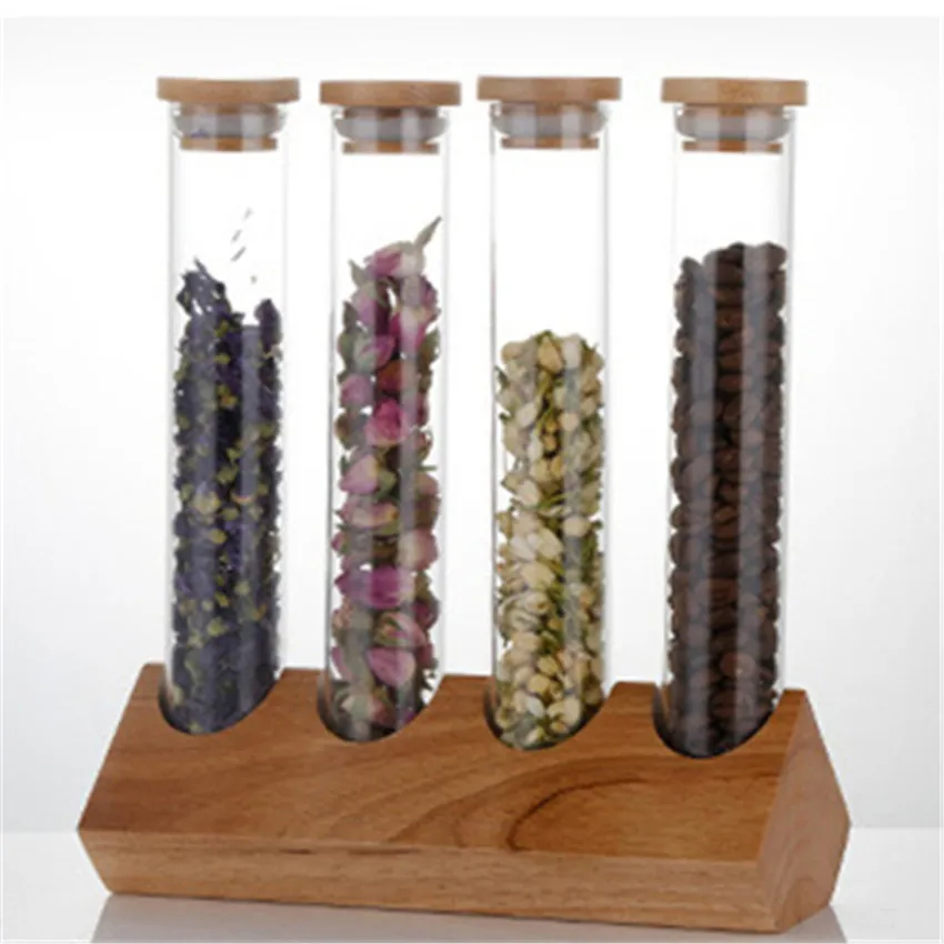 Creative Wooden Coffee Beans Flower Tea Display Rack Stand Cereals canister Glass Test Tube sealed Storage Decorative Ornaments - Цвет: B