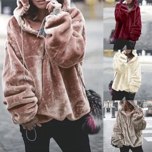 Ретро осень-зима Повседневное Для женщин пушистый искусственный пальто с капюшоном на меху Толстовка джемпер с длинным рукавом дамы с капюшоном пуловер Топ пальто
