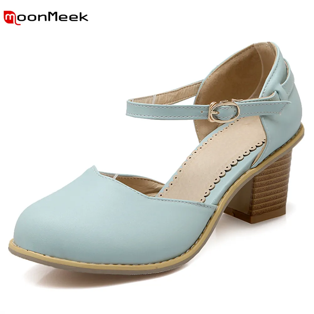 

MoonMeek 2018 spring summer high heels round toe pumps women shoes with buckle square heel pink color female shoes
