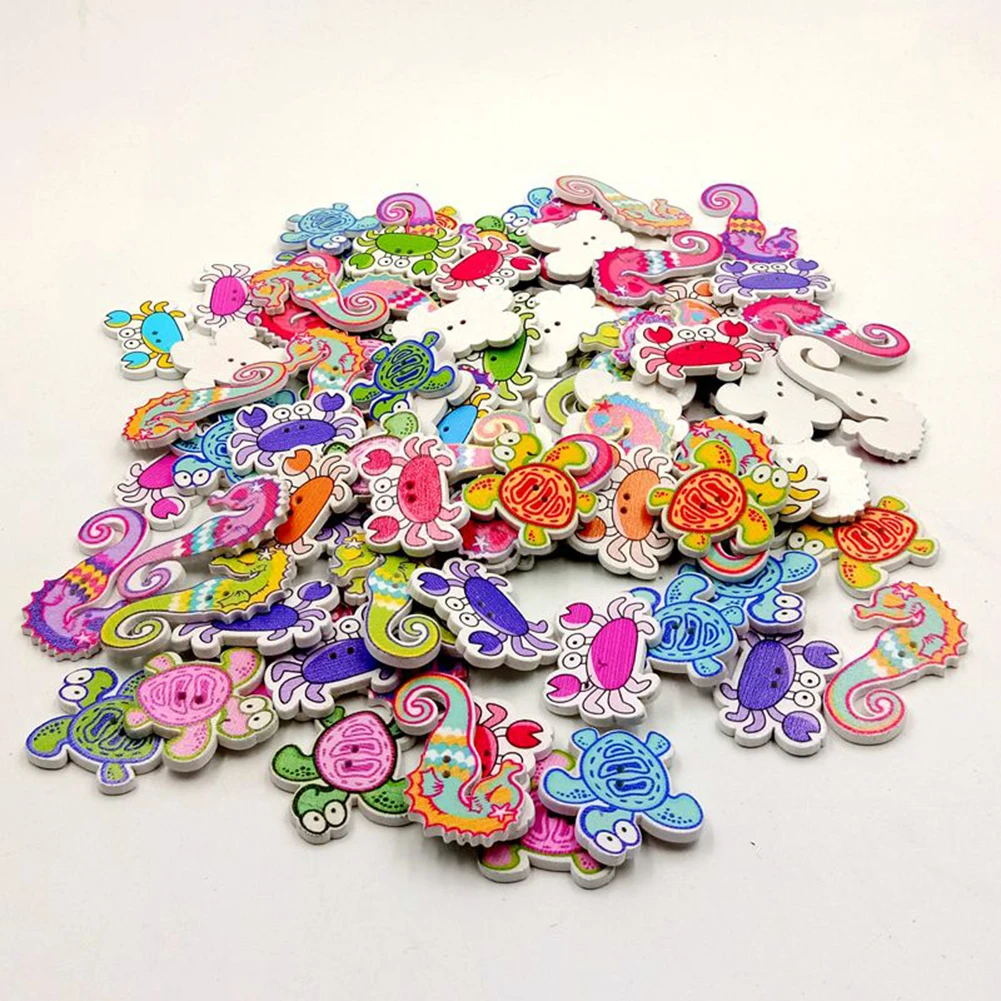 

50Pcs Decorative Lovely Buttons Cartoon Sea Marine Animals Fish Crabs Seahorse 2 Holes Sewing Wood Buttons Drop Shipping