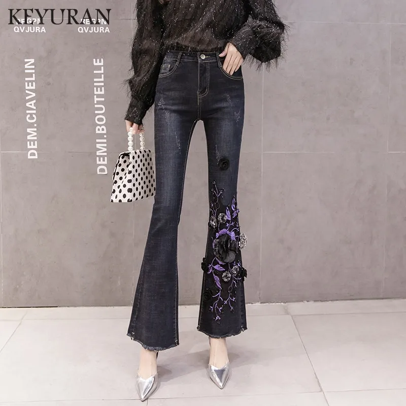 New Girls Beaded Embroidery Tassel Hole Flare Jeans skinny Women's Stretching Bell-Bottoms Jeans women OL Denim pants Plus Size