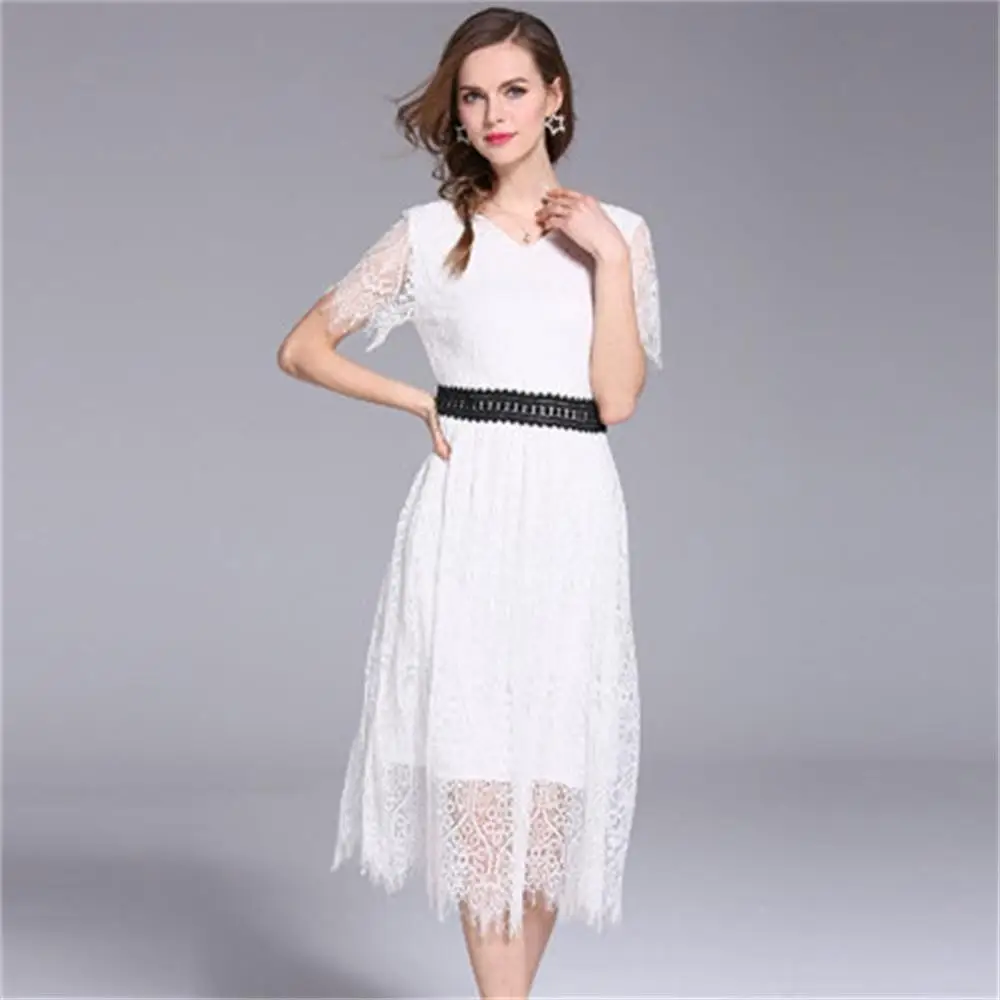 Solid White Women Summer Elegant Midi Dresses All Lace V neck Party ...