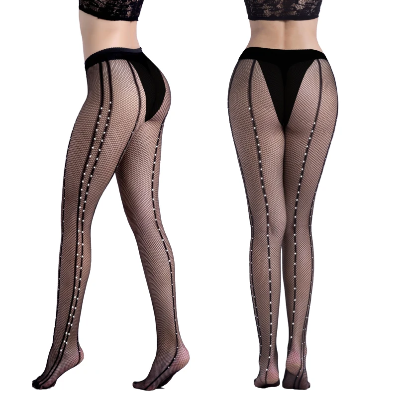 Sexy Rhinestone Mesh Fishnet Pantyhose Spring Summer Black Women Tights Slim Fishnet Tights Stockings Party Club Hosiery