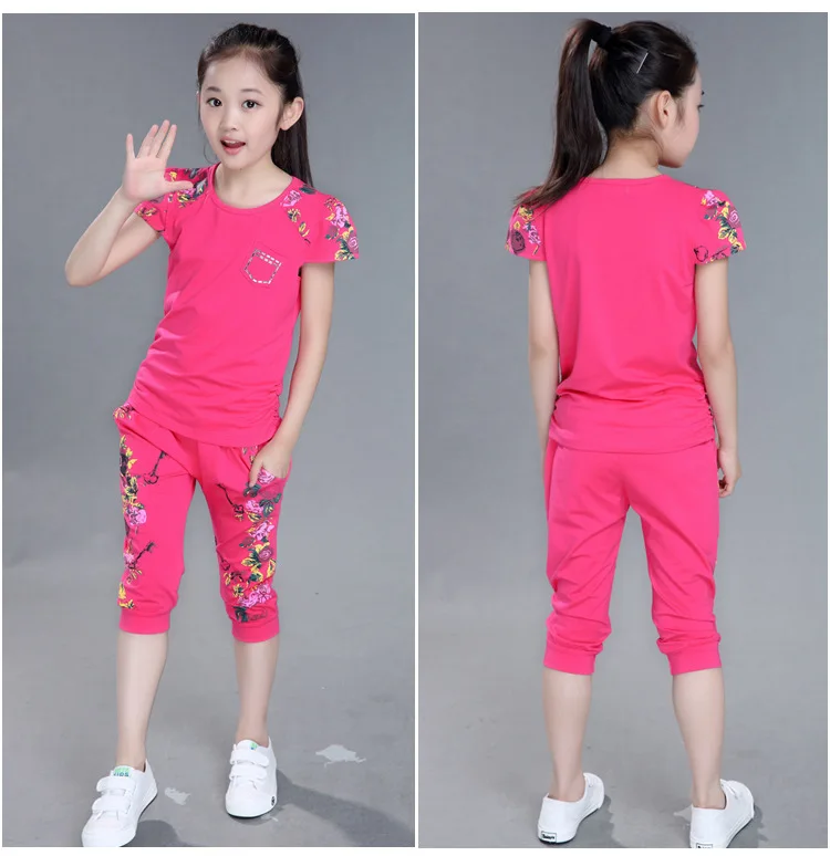 Cotton Children Clothing Sets Summer Girls Sports Suit Print Short Sleeve T-shirt+Pants 2Pcs Girls Clothes 4 6 8 10 12 14 Years (5)