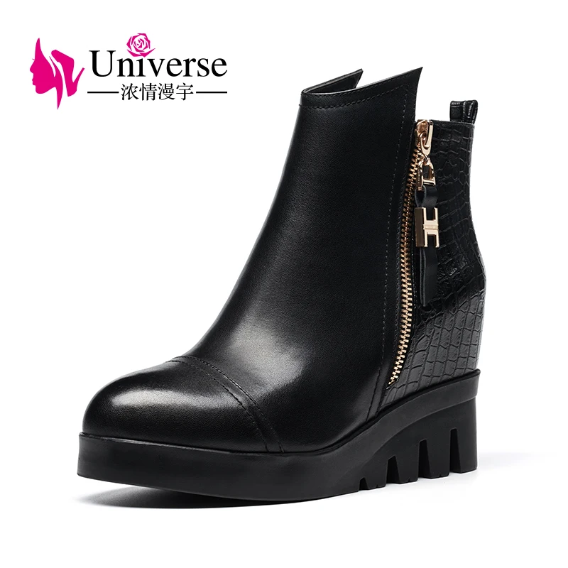 Universe/Модные ботильоны на танкетке; женские ботинки из натуральной кожи с круглым носком на молнии; женская обувь; E262