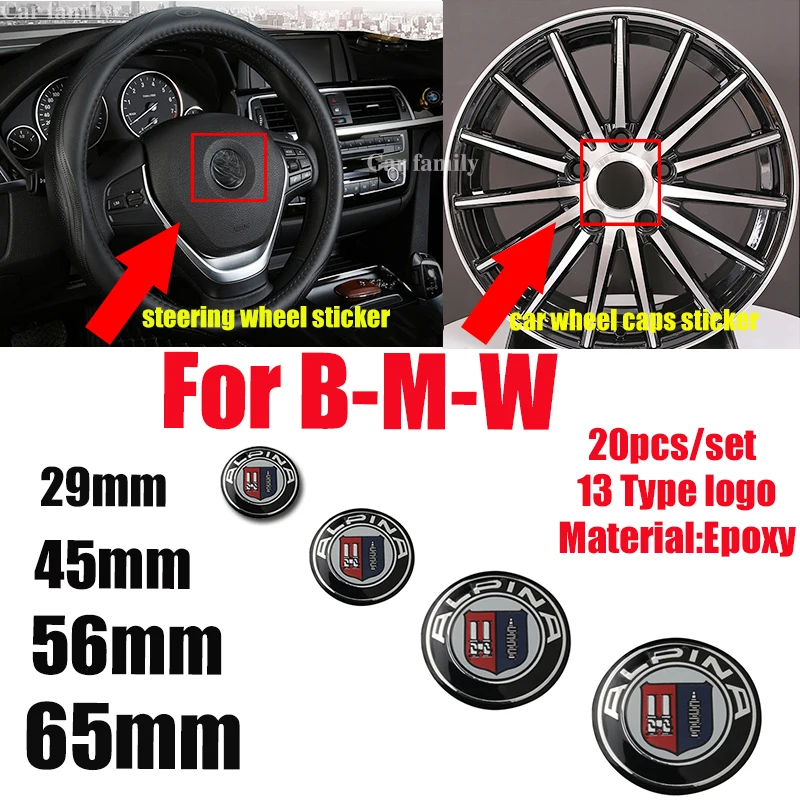 

for bmw F10 F30 F15 E91 E92 E93 F02 E63 E64 E65 29mm 45mm 56mm 65mm Car Logo Wheel Cap Sticker Steering Decal Cover 20pcs/set