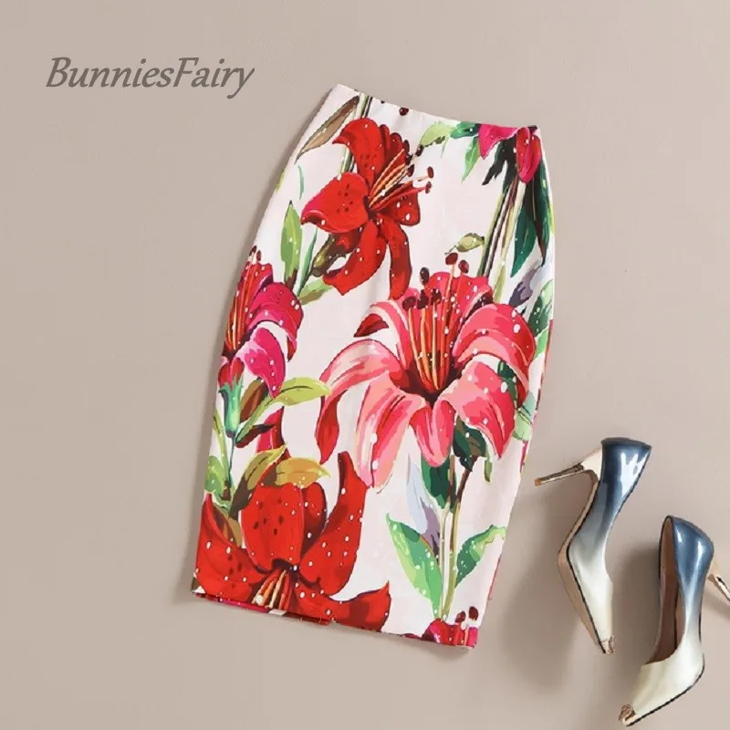 

BunniesFairy New Summer Style Big Red Flower Bouquet Floral Print High Waist Pencil Skirt Jupe Femme Bodycon Saia Feminino