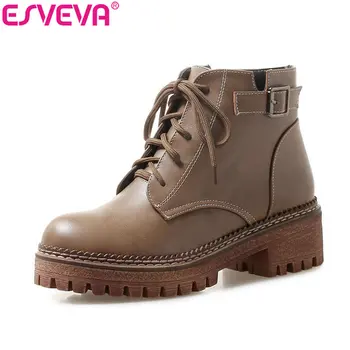 

ESVEVA 2019 Woman Boots Buckle Round Toe Western Style Shoes Winter Women Ankle Boots Shoes Platform Square High Heels 34-43