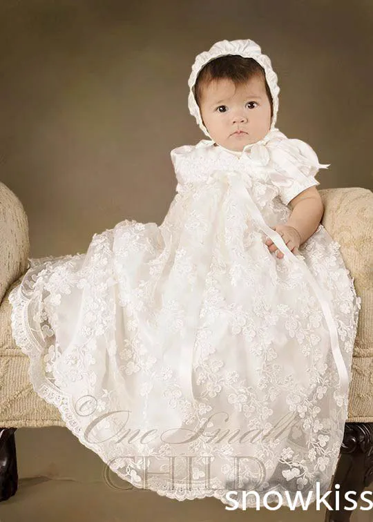 Toddlers First Communion Dress White/Ivory Christening Gown with Bonnet  Laced Short Sleeves Baby Baptism Robe For boys girls