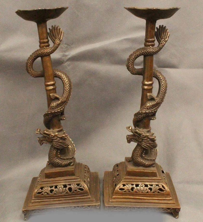 15" China Chinese Folk Bronze Dragon Statue Candle Holders Candlestick