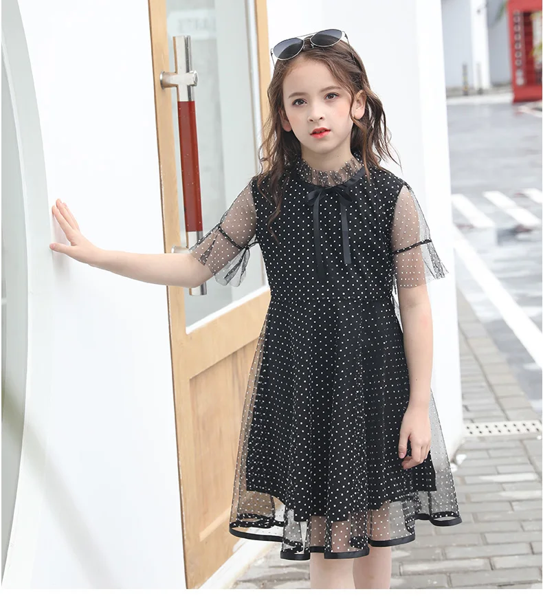 Детское платье для девочек, одежда, летние модные платья для девочек-подростков, Сетчатое платье в горошек с короткими рукавами для крупных девочек, 5, 8, 11, 13, 16 лет