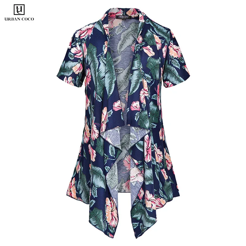 

Women's Short Sleeve Draped Open Front Floral Print Cardigan Vest Asymmetric Hem