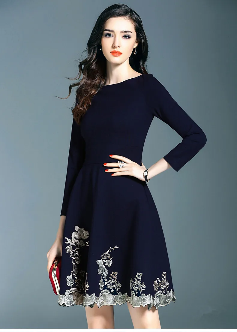 Элегантное светское женское платье трапециевидной формы с вышитыми цветами, рукав три четверти, Осеннее приталенное вечернее Повседневное платье высокого качества