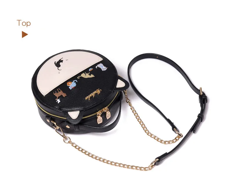 Cute Embroidery Cat Messenger Bag Women Small Circular Ears Crossbody Bags Teenage Girls Chain Shoulder Bag Mini Handbag XA25B