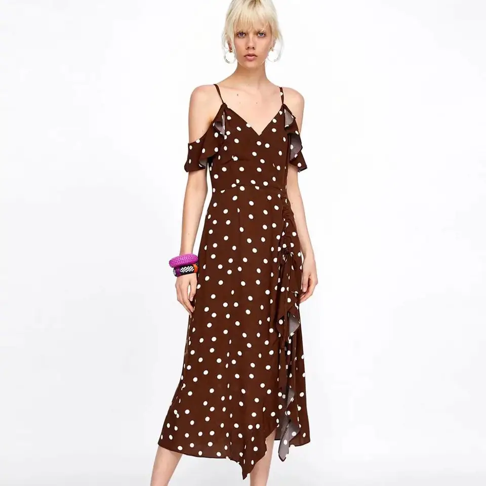 brown polka dot midi dress