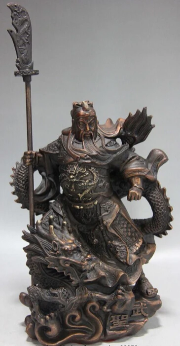 

xd 001463 Chinese Red Copper Bronze Wu saint Ride Dragon Guan Gong Guan Yu Warrior Statue