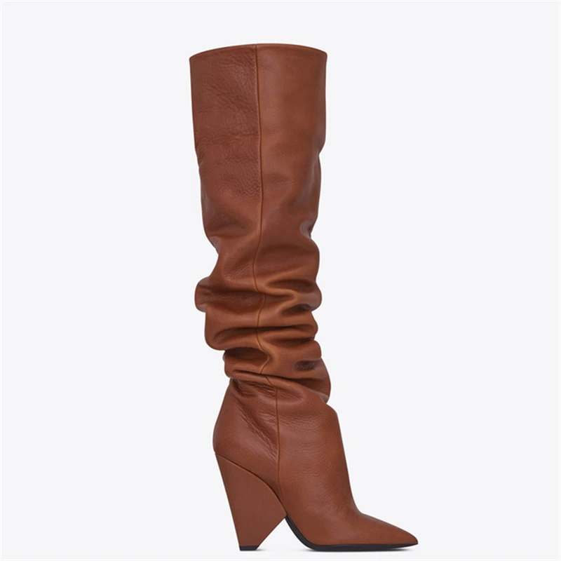 BuonoScarpe Leather Knee High Boots Woman Pointed Toe Strange High Heel Shoes Women Chic Spike Heel Long Pleated Boots New