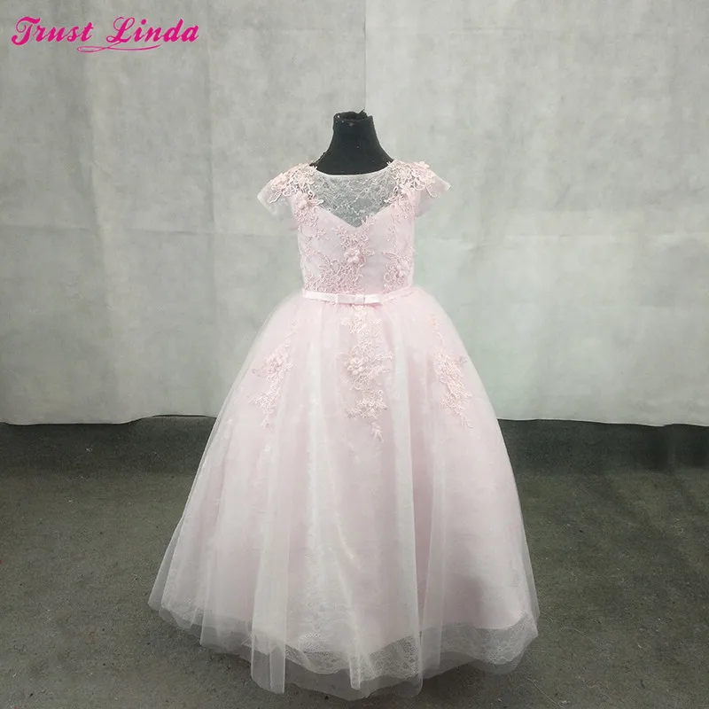 Flower Girl Trouwjurken 2018 Roze Kant Applicaties Parels Baljurk Meisje Party Communie Jurk Pageant Toga Custom Made Flower Girl Trouwjurken 2018 Roze Kant Applicaties Parels Baljurk Meisje Party Communie Jurk Pageant Toga Custom Made