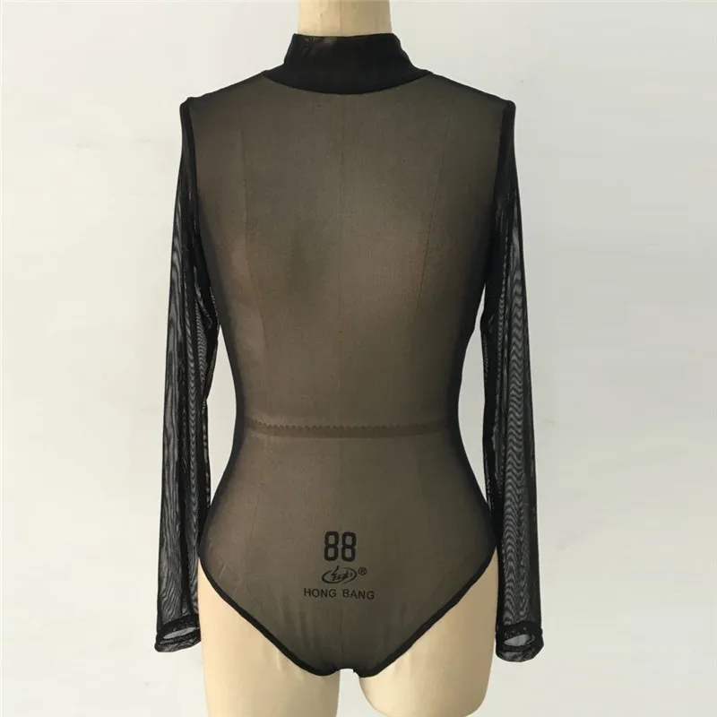 Женский сексуальный прозрачный в сеточку комбинезон с длинными рукавами Женский облегающий базовые боди комбинезон для ночного клуба