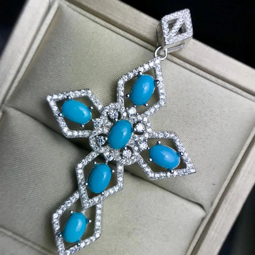  Naturel bleu turquoise croix pendentif colliers pierre naturelle pendentif S925 argent élégant femm