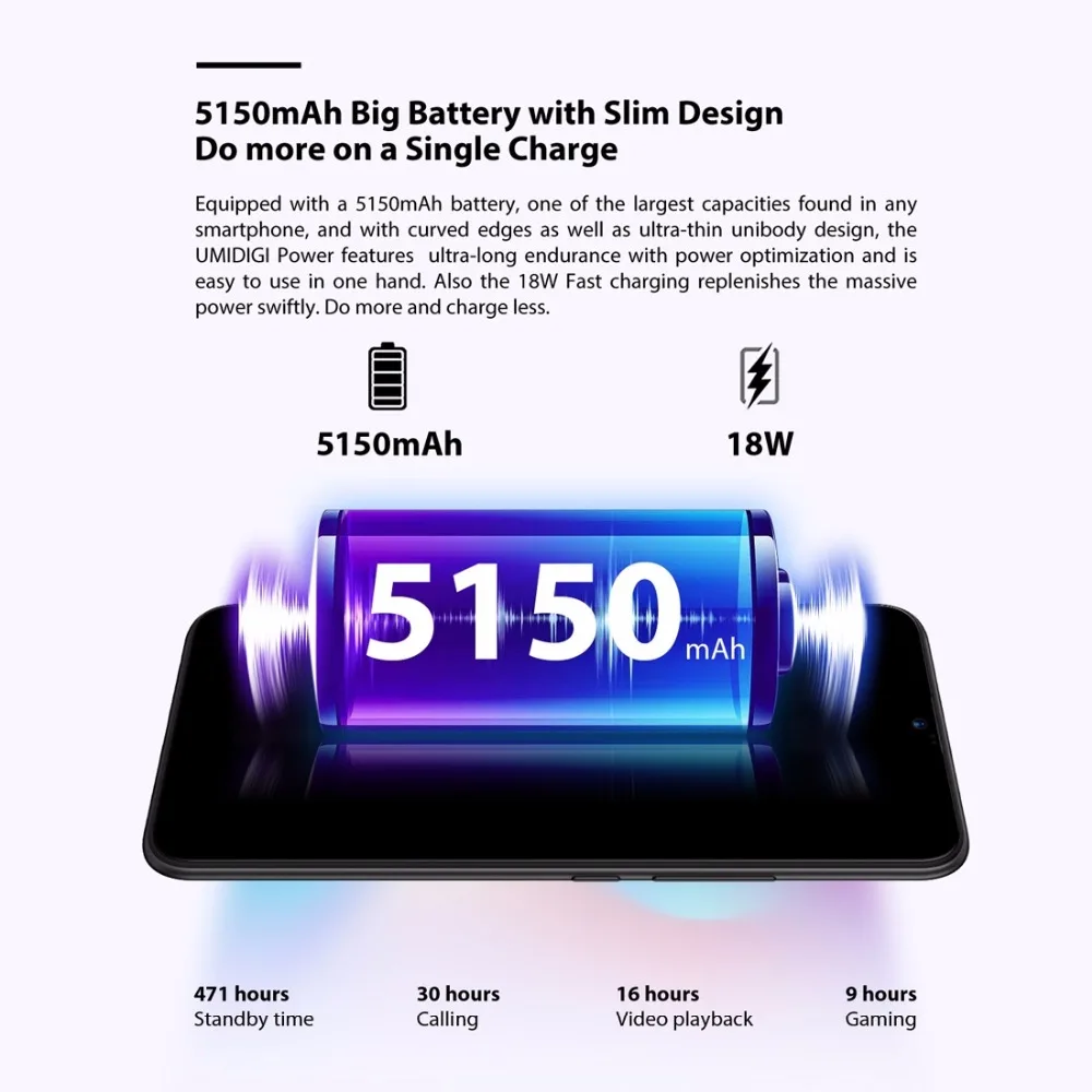UMIDIGI Power Android 9.0 5150mAh Big Battery 18W 6.3' FHD+ Waterdrop Screen 4GB+64GB Helio P35 Global Version Smartphone 16MP