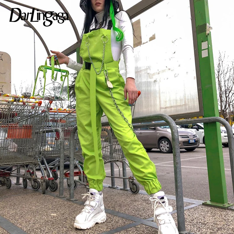 

Darlingaga Streetwear neon green summer jumpsuit romper women overalls chain elastic waist neon jumpsuits 2019 fashion playsuit