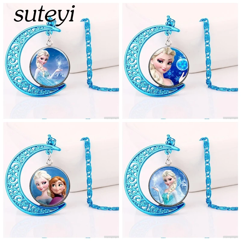 

Elsa Anna Olaf cartoon girl jewelry Elsa Anna Olaf blue moon necklace glass pendant female girls sweater chain gift for children