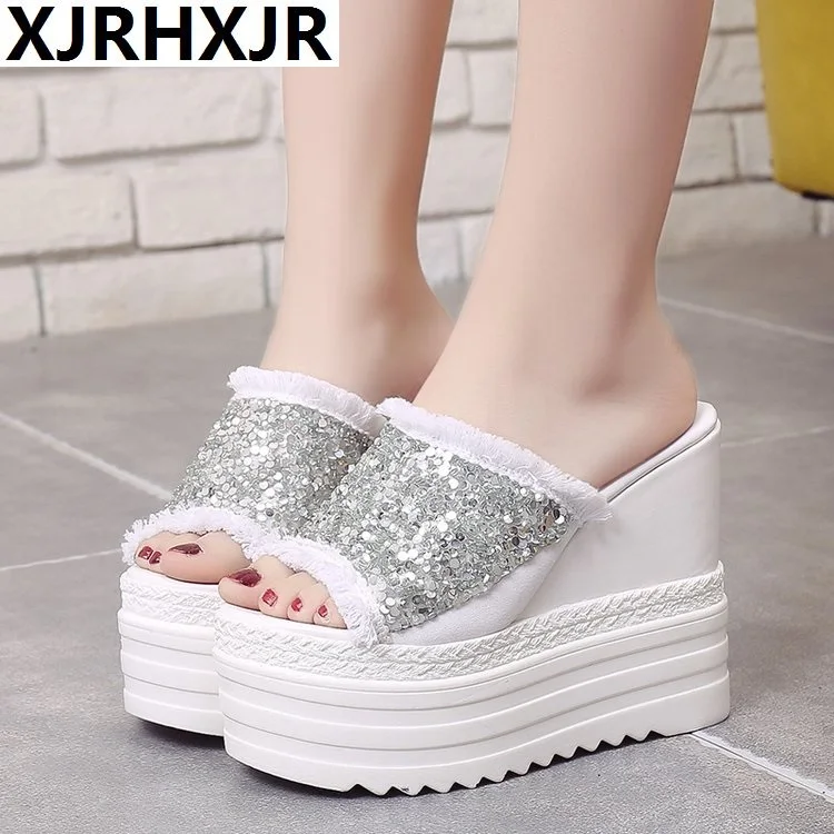 

2019 Women Summer Beach Slippers 12CM Heels Shoes Flip Flops Women High Platform Wedges Gladiator Sandals Thick Bottom Slippers
